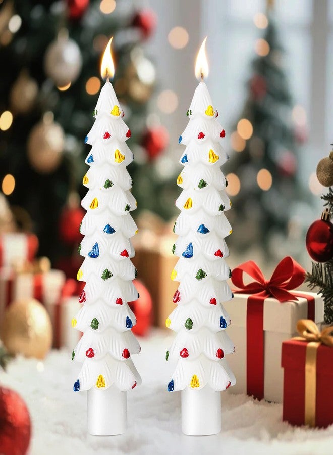 Ceoighe 2 Pack Christmas Tree Candles, 5 Inch Unscented Tree Shaped Taper Beeswax Candles for Christmas Holiday Decor Table Centerpiece Display Party Banquet Gift (White with Multicolor Trim) - Image 1
