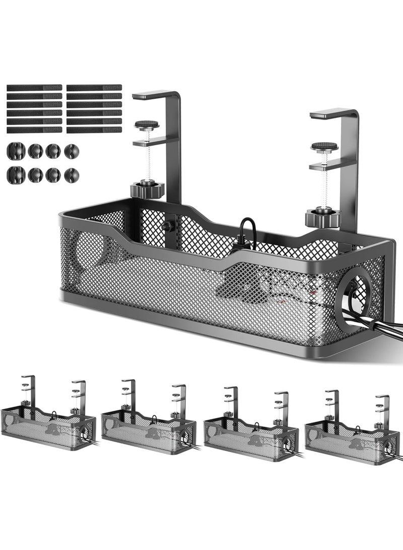 4PCS Under Desk Cable Management Tray Black, No Drill Cable Organizer with Adjustable Clamp, Wire Storage Basket and Cord Organizer for Office Desk, Computer Table, Gaming Setup, Power Strip and Charger Storage - Image 1