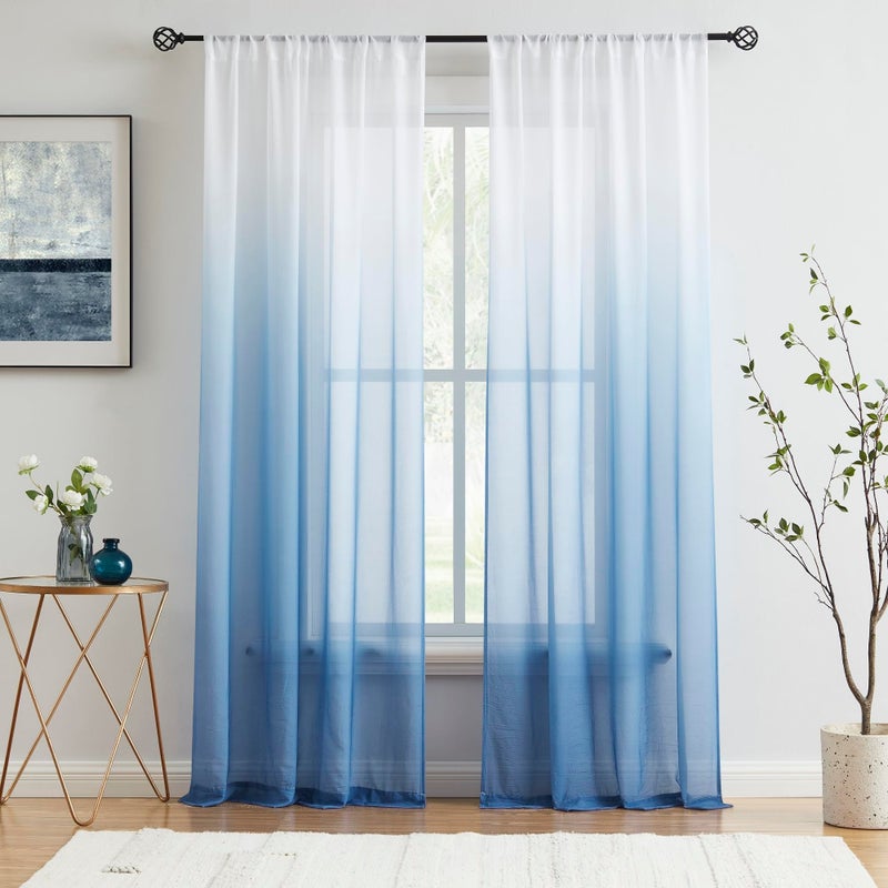 Purainbow Blue Ombre Sheer Curtains 84 Inch Long for Living Room Bedroom, Gradient Chiffon Light Filtering Window Curtain Drapes for Boys Room, Rod Pocket Semi Sheer Panels for Home Decor, 42"W, Set of 2 - Image 1