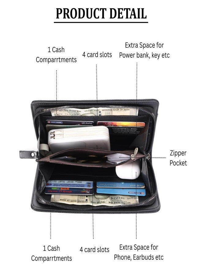 MENSCH Faux Leather Clutch Wallet Organizer with Round Zipper, 8 Card Slots, 2 Cash Compartments, A Zipper Pocket, Hand Bag, Multi-Purpose Storage, Perfect for Women (Black) - Image 2