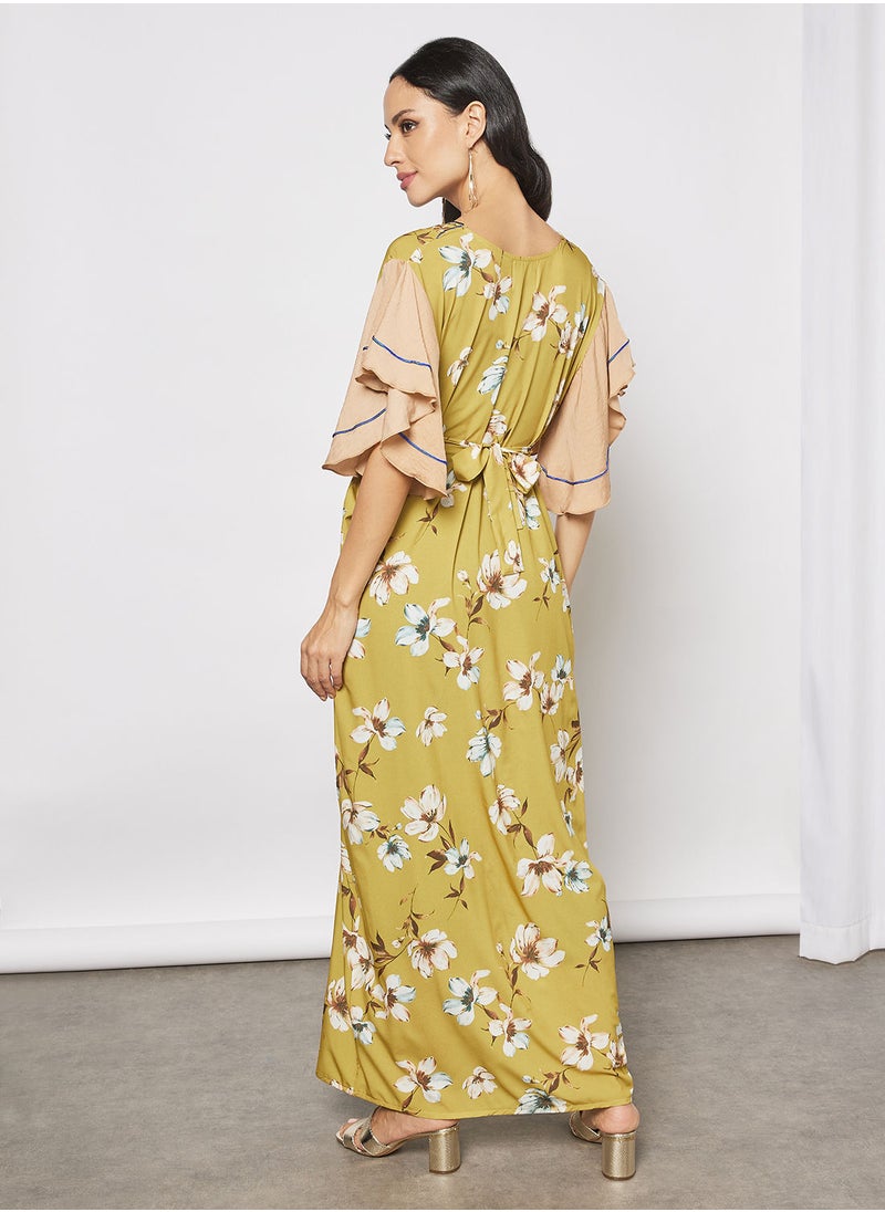 Hayat - Floral Jalabiya With Embroidery In Front And Short Sleeves With Belt - Image 1