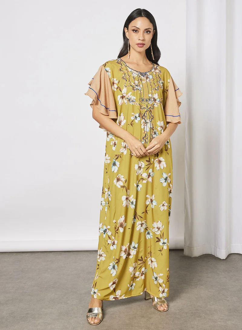Hayat Floral Jalabiya With Embroidery In Front And Short Sleeves With Belt