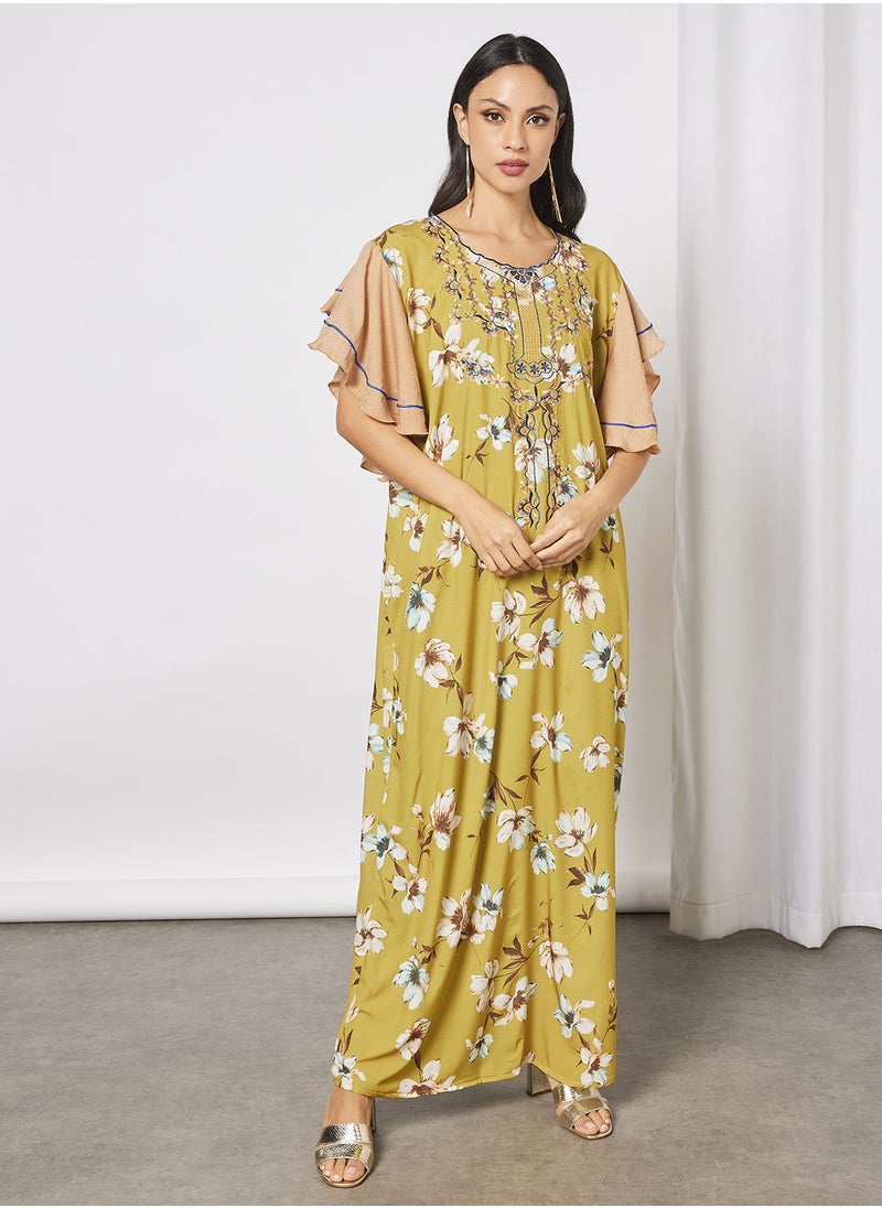 Hayat - Floral Jalabiya With Embroidery In Front And Short Sleeves With Belt - Image 1