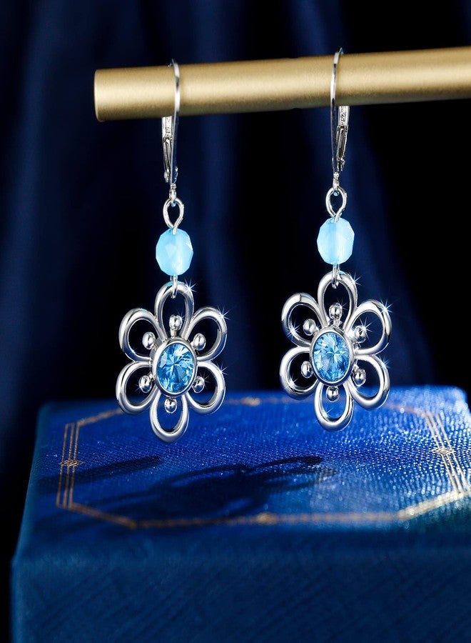 AILife Dangle Flower Earrings for Women, White Gold Plated Drop Earrings with Blue Cubic Zirconia - Image 3