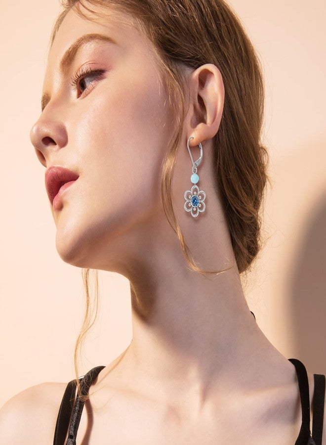 AILife Dangle Flower Earrings for Women, White Gold Plated Drop Earrings with Blue Cubic Zirconia - Image 2