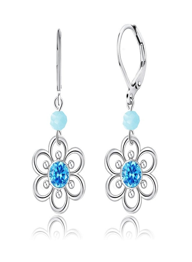 AILife Dangle Flower Earrings for Women, White Gold Plated Drop Earrings with Blue Cubic Zirconia - Image 1