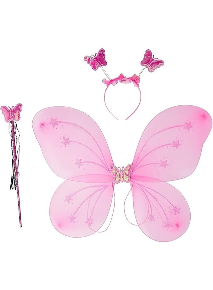 3pcs Girl's Butterfly Costume Set Butterfly Wings with Butterfly Headband and Fairy Magic Wand Kids Performance Party Costume (Pink)