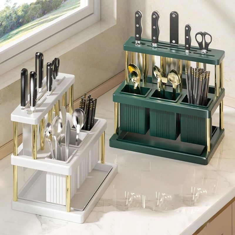 Kitchen Cutlery Holder Stainless Steel and PP Utensils Organizer with Removable Drain Tray for Spoon Fork Chopstick Storage on Countertop, Green and Silver(GreenSilver) - Image 5