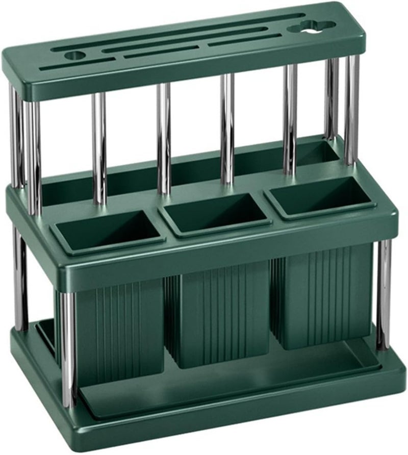 Kitchen Cutlery Holder Stainless Steel and PP Utensils Organizer with Removable Drain Tray for Spoon Fork Chopstick Storage on Countertop, Green and Silver(GreenSilver) - Image 1