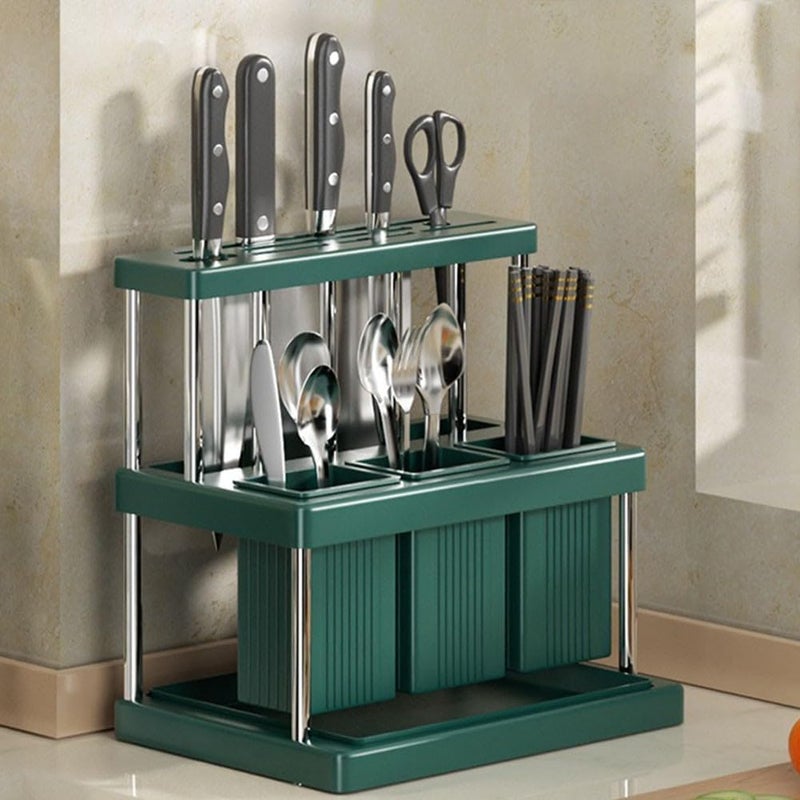 Kitchen Cutlery Holder Stainless Steel and PP Utensils Organizer with Removable Drain Tray for Spoon Fork Chopstick Storage on Countertop, Green and Silver(GreenSilver) - Image 2
