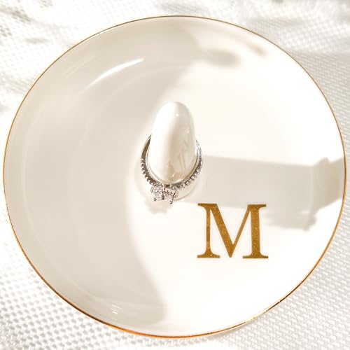 Yoqanr Ceramic Initials Jewelry Tray Ring Dish With Personalized M-Monogrammed Engagement Wedding Gifts, for Birthday Mother's Day for Women, Ceramic White 4.7" x2.4" - Image 1