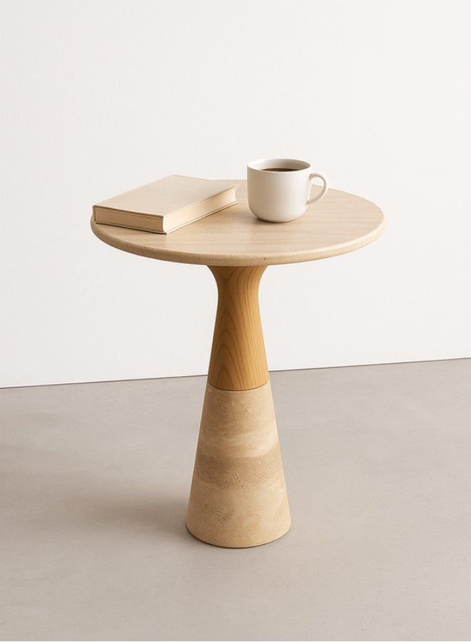YI ONE Corner Table – Travertine Top & Solid Wood Luxury Side Table for Sofa or Bed, Living Room & Bedroom, Beige Color - Image 2