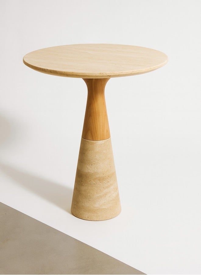 YI ONE Corner Table – Travertine Top & Solid Wood Luxury Side Table for Sofa or Bed, Living Room & Bedroom, Beige Color - Image 1
