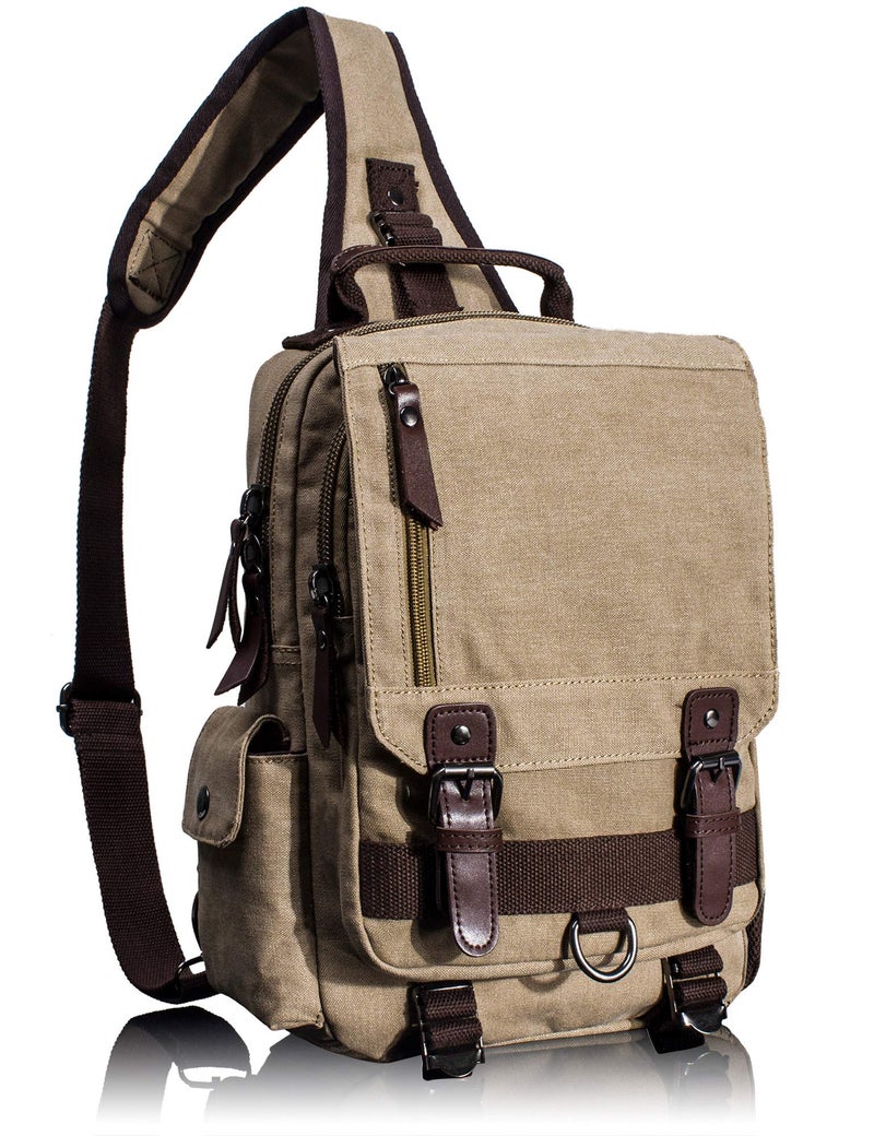 Leaper Retro Crossbody Bag Sling Bag Canvas Messenger Bag for Men Women Shoulder Bag Crossbody Handbags Satchel Khaki, L - Image 1