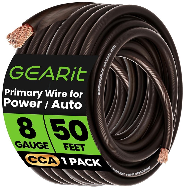 GearIT 8 Gauge Wire (50ft - Black Translucent) Copper Clad Aluminum CCA - Primary Automotive Wire Power/Ground, Battery Cable, Car Audio Speaker, RV Trailer, Amp, Electrical 8ga AWG 50 Feet - Image 1