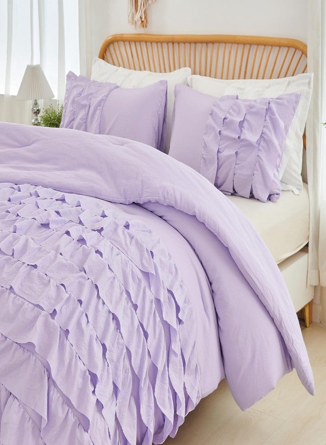 PERFEMET Lavender Twin Bedding Sets for Girls, 3 Pieces Multi Layers Ruffle Comforter Set, Washed Microfiber Farmhouse Princess Bedding Set, Fluffy Boho Bed Sets for Kids Teens (Purple,Twin) - Image 2