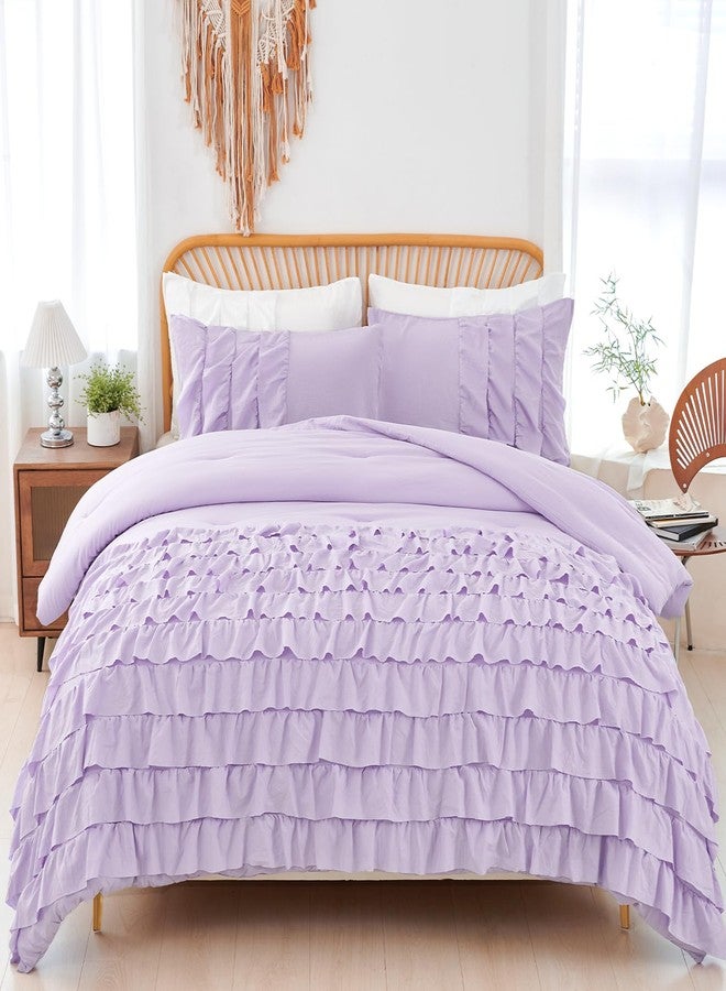 PERFEMET Lavender Twin Bedding Sets for Girls, 3 Pieces Multi Layers Ruffle Comforter Set, Washed Microfiber Farmhouse Princess Bedding Set, Fluffy Boho Bed Sets for Kids Teens (Purple,Twin) - Image 1