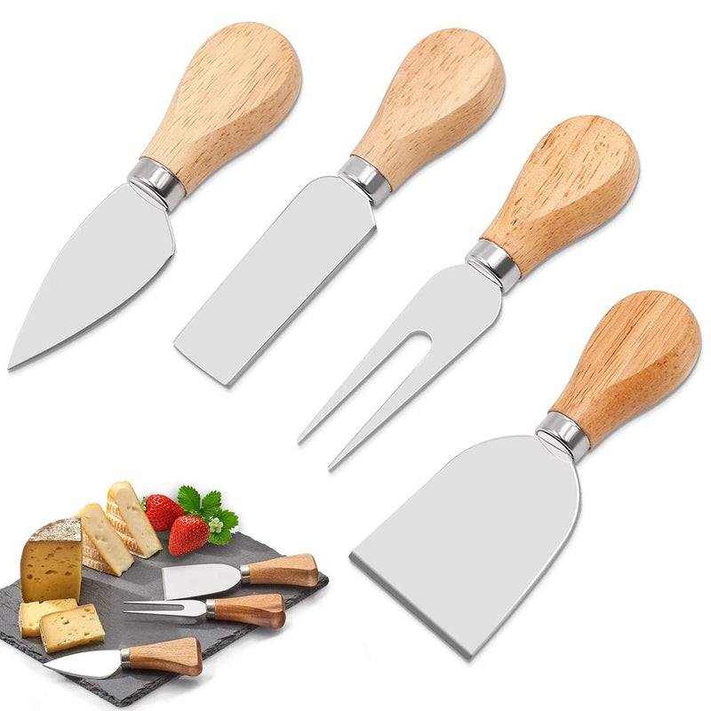 GWL Cheese Knife Set, 4 Piece Cheese Knife Set,Wood Handle Butter Spreader, Stainless Steel, Hard & Soft Cheese Slicer, Serving Fork, Cheese Spreader Parmesan Knife Kitchen Tools