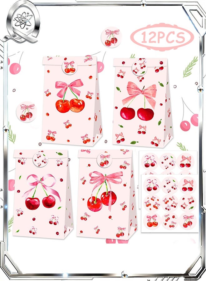 Quantum 12 PCS Cherry Party Favors Goodie Bags, Cherry Goody Bags with Stickers, Pink Paper Gift Bags Cherries Treat Pouch for Birthday Party Supplies - Image 1