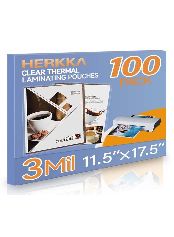 HERKKA 100 Pack Laminating Sheets, Hold 11 x 17 Inch Sheet, 3 Mil Clear Thermal Laminating Pouches 11.5 x 17.5 Inch Lamination Sheet Paper for Laminator, Round Corner Letter Size - Image 1