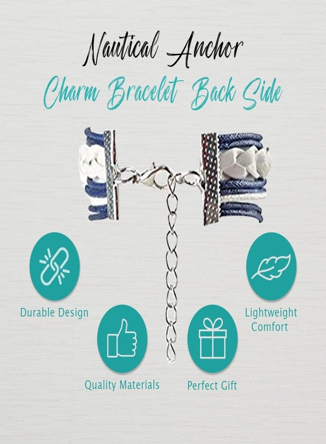 إنفينيتي كوليكشن أقراط وسوار بتصميم مرساة بحرية من مجموعة إنفينيتي للنساء، سوار مضفر باللونين الكحلي والأبيض، حبل جلدي منسوج مزين بعجلة قيادة سفينة ودلايات مرساة - Image 3