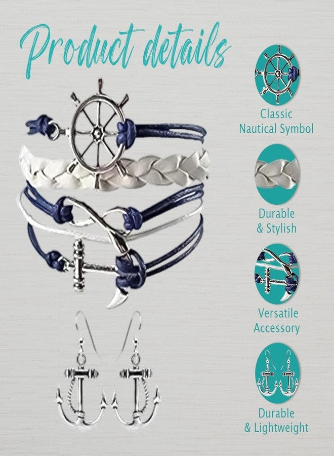 إنفينيتي كوليكشن أقراط وسوار بتصميم مرساة بحرية من مجموعة إنفينيتي للنساء، سوار مضفر باللونين الكحلي والأبيض، حبل جلدي منسوج مزين بعجلة قيادة سفينة ودلايات مرساة - Image 5