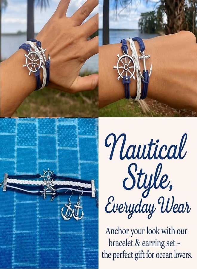إنفينيتي كوليكشن أقراط وسوار بتصميم مرساة بحرية من مجموعة إنفينيتي للنساء، سوار مضفر باللونين الكحلي والأبيض، حبل جلدي منسوج مزين بعجلة قيادة سفينة ودلايات مرساة - Image 4
