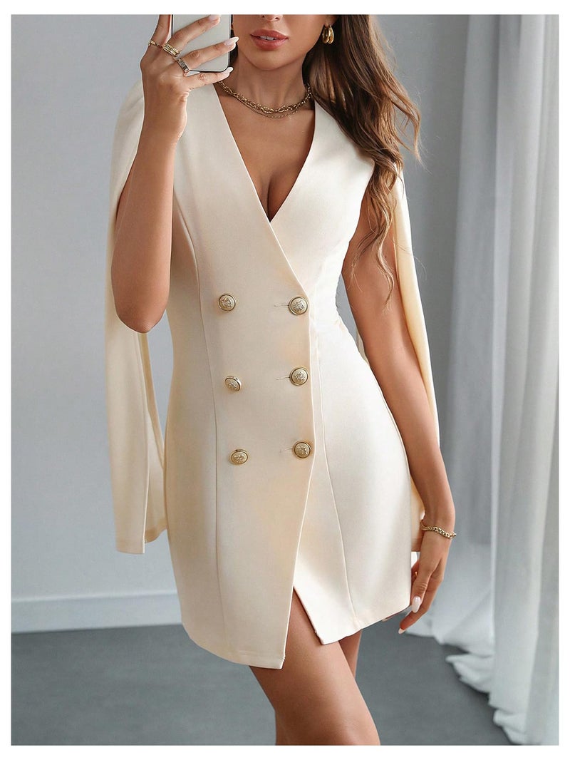 Floerns Women's V Neck Double Breasted Cape Blazer Split Sleeve Elegant Blazer Dress Apricot Medium - Image 5