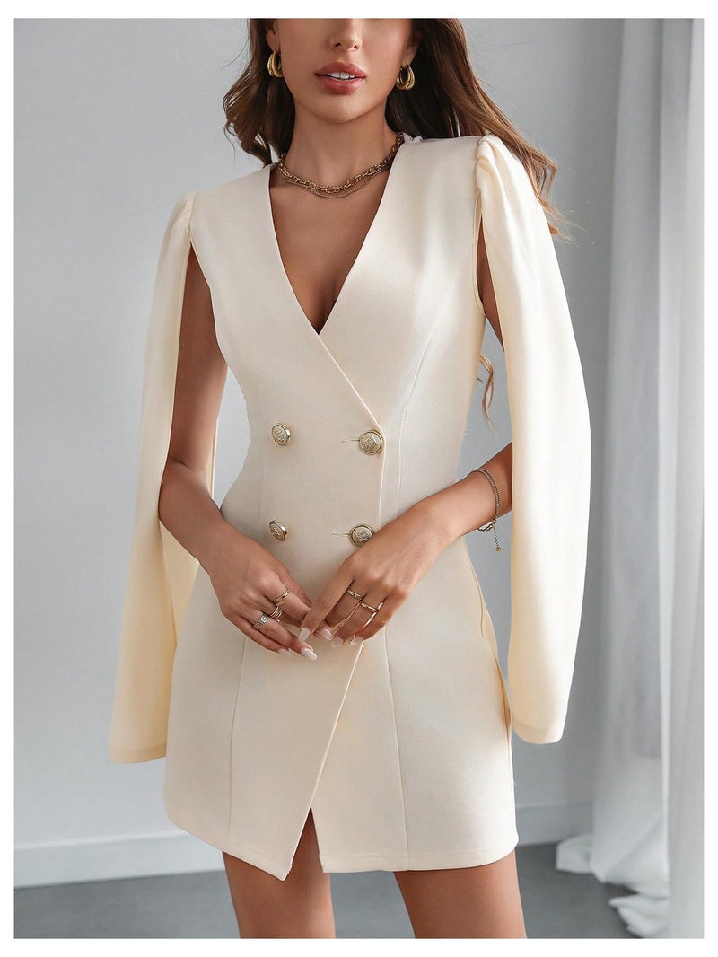 Floerns Women's V Neck Double Breasted Cape Blazer Split Sleeve Elegant Blazer Dress Apricot Medium - Image 4