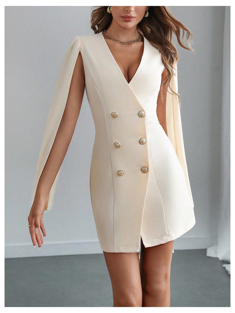 Floerns Women's V Neck Double Breasted Cape Blazer Split Sleeve Elegant Blazer Dress Apricot Medium - Image 2