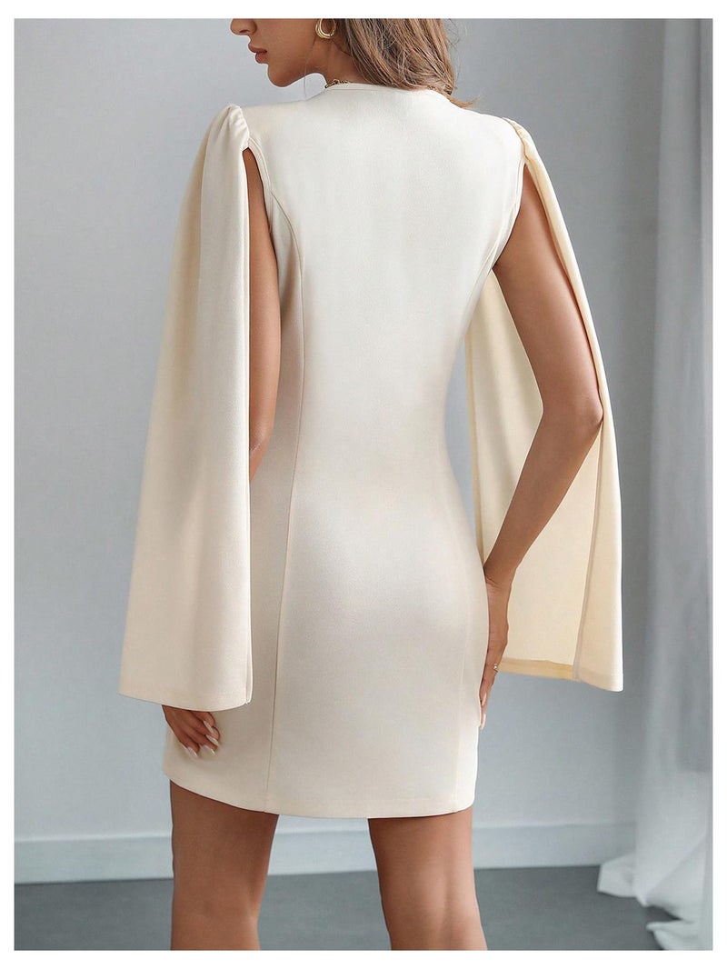 Floerns Women's V Neck Double Breasted Cape Blazer Split Sleeve Elegant Blazer Dress Apricot Medium - Image 3