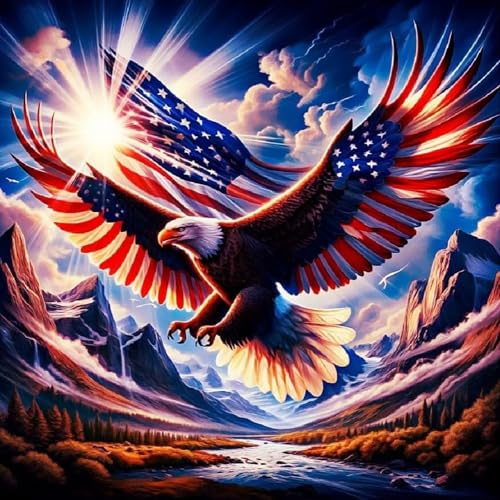 KTHOFCY 5D DIY US Flag Independence Day Eagles Diamond Painting Kits for Adults, US 4th of July Full Drill Crystal Rhinestone Paintings Pictures Arts Wall Decor Painting Dots Kits 13.8X13.8inch - Image 1