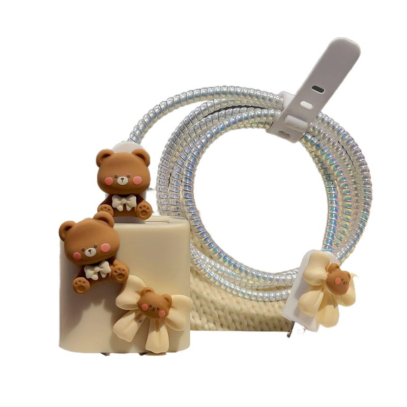 20W Charger Head and Cable End Protector Set with Cute Style in White with Decorative Design Anti Bend Protection and Daily Cable Care - Lilac Ribbon - Image 2