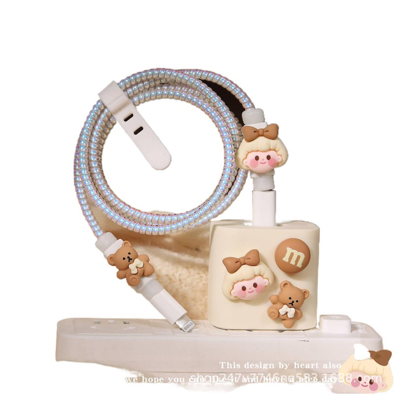 20W Charger Head and Cable End Protector Set with Cute Style in White with Decorative Design Anti Bend Protection and Daily Cable Care - Lilac Ribbon - Image 1