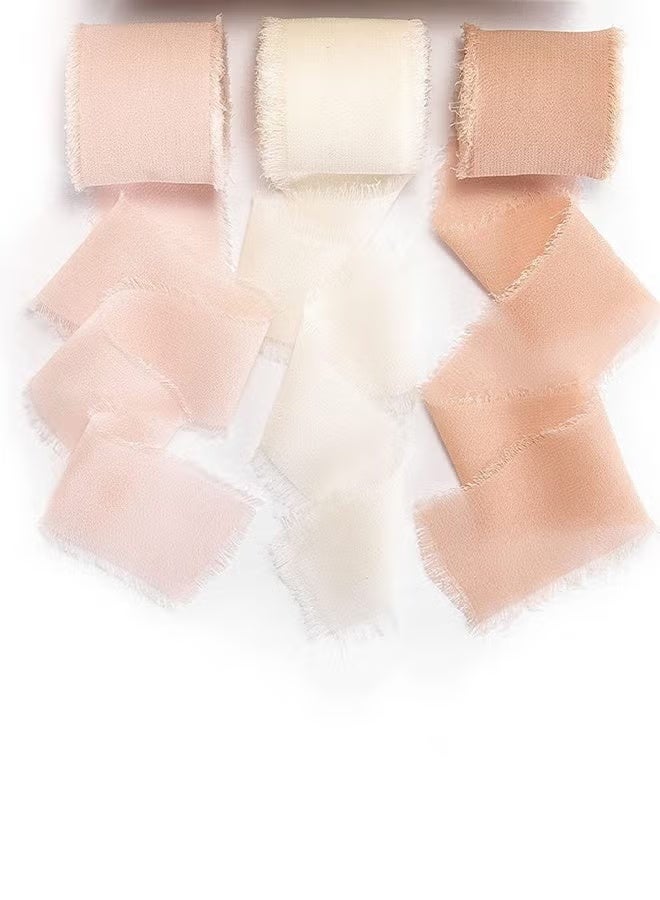 Hand-torn chiffon ribbon tassel bow band, Beige+Pink+Snow bud - Image 1