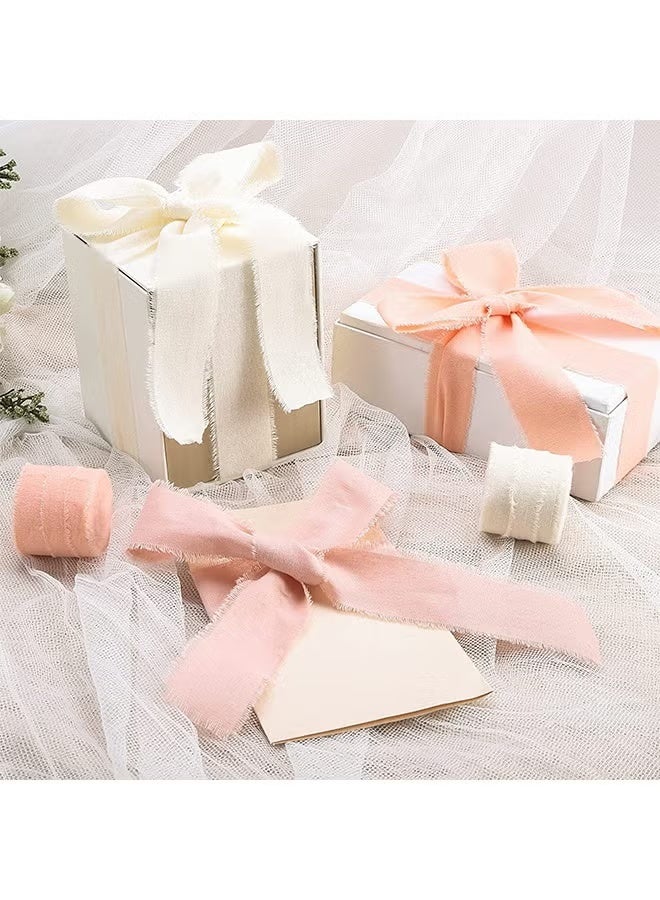 Hand-torn chiffon ribbon tassel bow band, Beige+Pink+Snow bud - Image 3