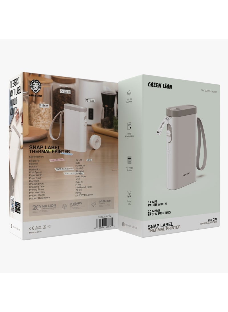 GREEN LION - Snap Label Thermal Printer 14mm Paper Width / 20mm/s Print Speed / High Resolution / Built-In Cutter / Bluetooth / Strong Adhesive Labels / Compact and Efficient Thermal Printer - White - Image 1