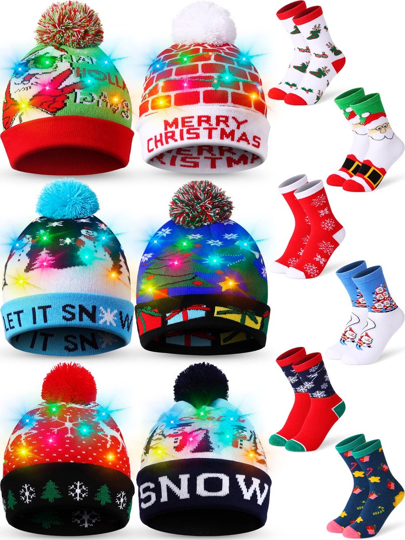 JaGely 12 Pcs Christmas LED Hat Light up Xmas Beanie Knit Cap Christmas Socks Holiday Socks Winter Snow HatVivid Style