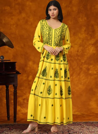 الايا جلابية رايون لكناوي شيكانكاري مطرزة يدوياً-AL3935