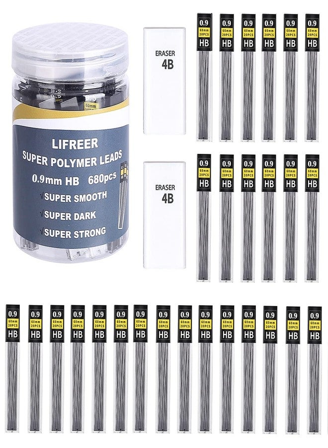 Lifreer 0.9 mm lead refills (680 Pcs), Unbreakable 0.9mm lead pencil refills And 2 Premium Erasers, Long Lasting HB Mechanical Pencil Lead 0.9 Refill For Students & Professionals - Image 1