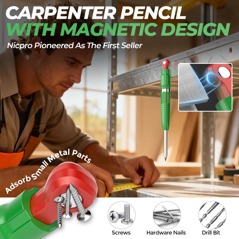 Nicpro 7-in-1 CP5000 Magnetic Carpenter Pencils with Sharpener, 2.8mm Construction Mechanical Pencil+10 Refill, Deep Hole Marker for Construction, Woodworking Pencil, Carpenter Tools for Marking - Image 3