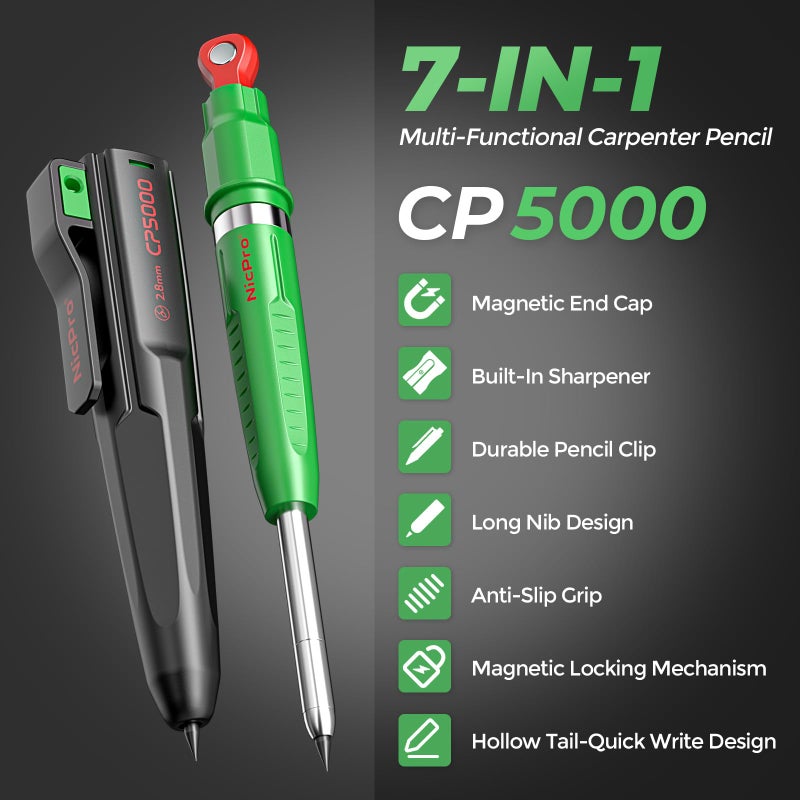 Nicpro 7-in-1 CP5000 Magnetic Carpenter Pencils with Sharpener, 2.8mm Construction Mechanical Pencil+10 Refill, Deep Hole Marker for Construction, Woodworking Pencil, Carpenter Tools for Marking - Image 2