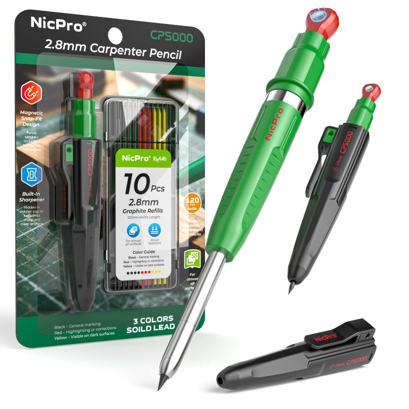 Nicpro 7-in-1 CP5000 Magnetic Carpenter Pencils with Sharpener, 2.8mm Construction Mechanical Pencil+10 Refill, Deep Hole Marker for Construction, Woodworking Pencil, Carpenter Tools for Marking - Image 1