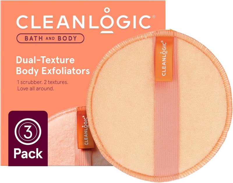 Clean Logic Bath and Body Exfoliating Body Scrubber, Dual-Texture Round Exfoliator Tool for Smooth, Clean Skin, Daily Skincare Routine, 3 Count Value Pack - Image 1