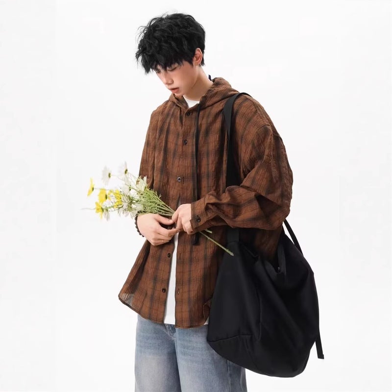 Summer Anti-Uv, Light, Breathable, Loose Plaid Shirt, Hooded Sun Protection Clothing, Men'S And Women'S American Casual Jacket, Trendy - Image 1