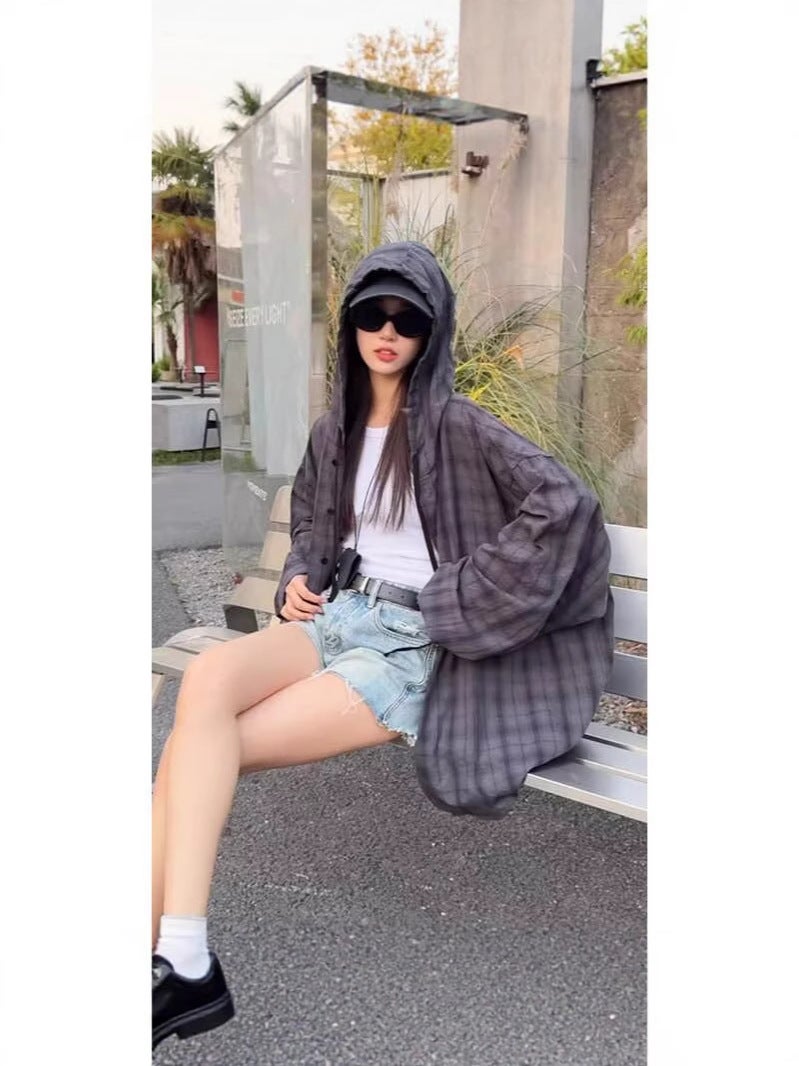 Summer Anti-Uv, Light, Breathable, Loose Plaid Shirt, Hooded Sun Protection Clothing, Men'S And Women'S American Casual Jacket, Trendy - Image 4