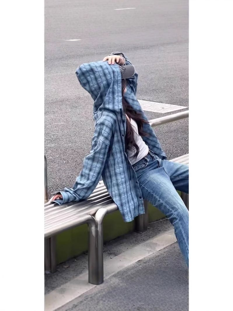 Summer Anti-Uv, Light, Breathable, Loose Plaid Shirt, Hooded Sun Protection Clothing, Men'S And Women'S American Casual Jacket, Trendy - Image 3