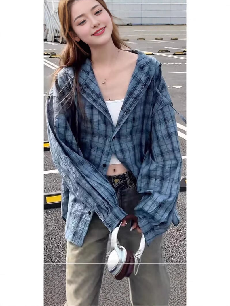 Summer Anti-Uv, Light, Breathable, Loose Plaid Shirt, Hooded Sun Protection Clothing, Men'S And Women'S American Casual Jacket, Trendy - Image 2