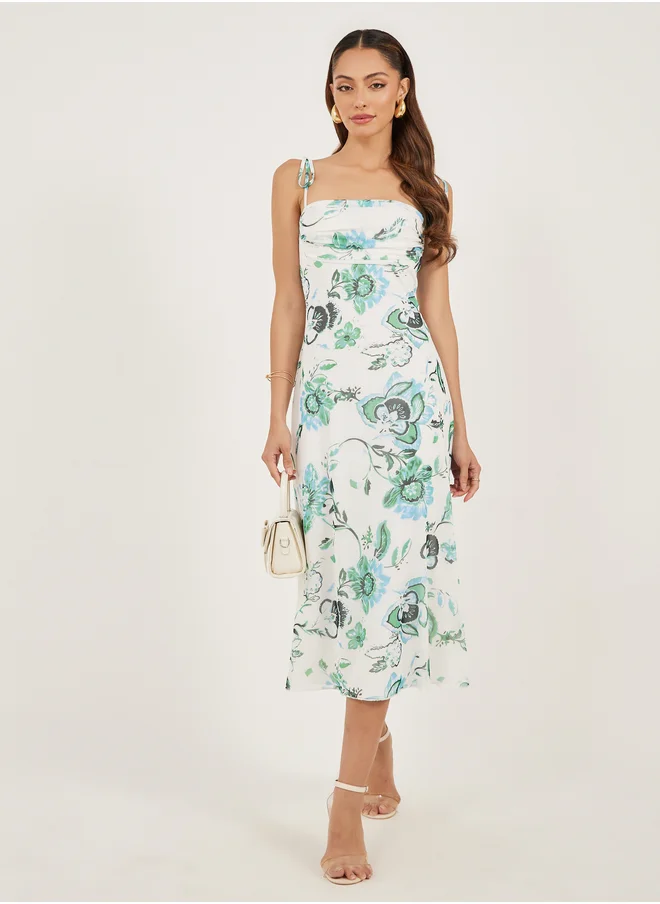 ستايلي Floral Print Ruched Strappy Sheath Midi Dress