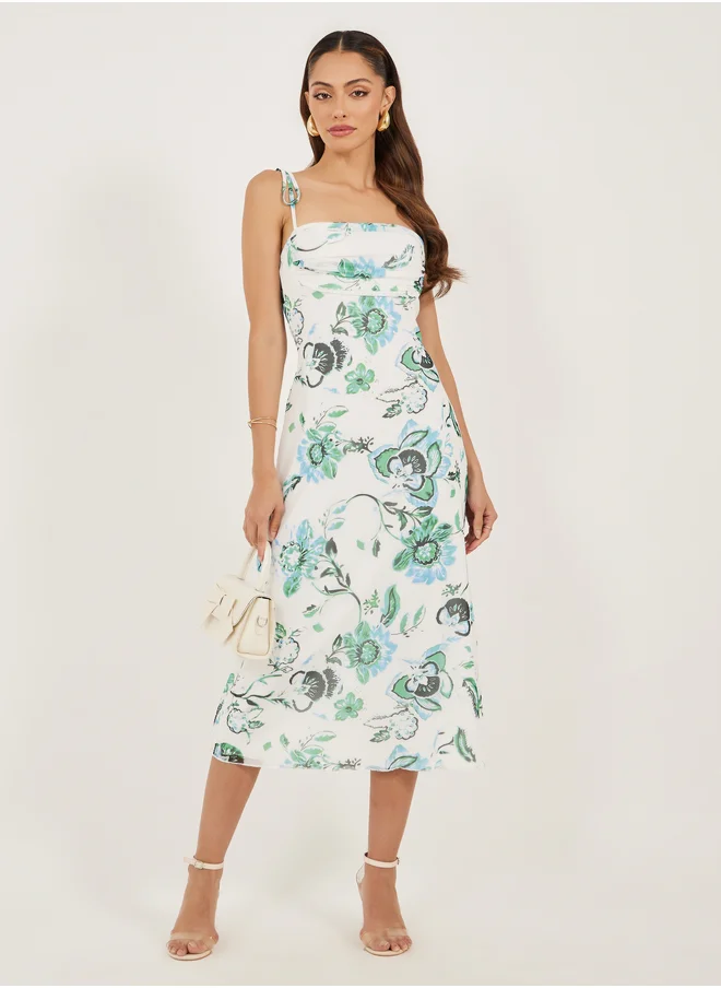 ستايلي Floral Print Ruched Strappy Sheath Midi Dress
